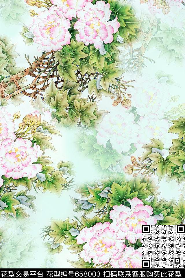 牡丹花朵花卉数码印花华亿平台下载（图片编号: 658003） - 瓦栏（Walan）