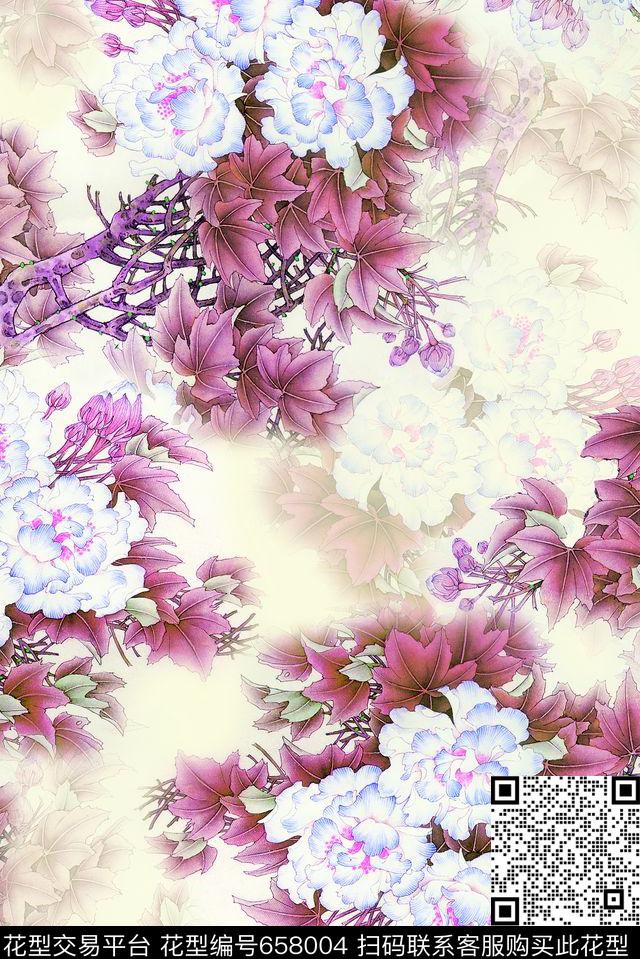 牡丹花朵花卉数码印花华亿平台下载（图片编号: 658004） - 瓦栏（Walan）