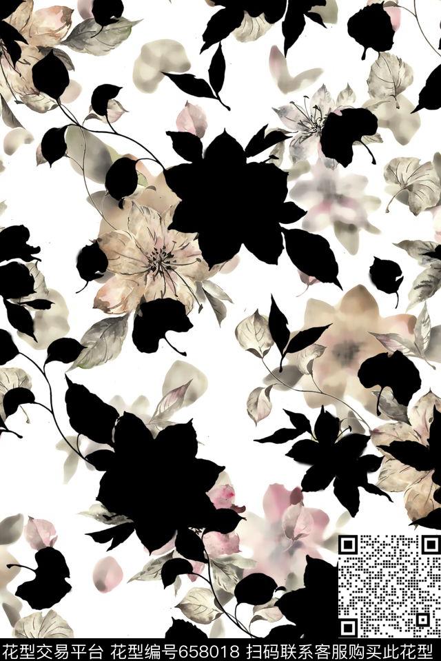 花卉黑白数码印花华亿平台下载（图片编号: 658018） - 瓦栏（Walan）