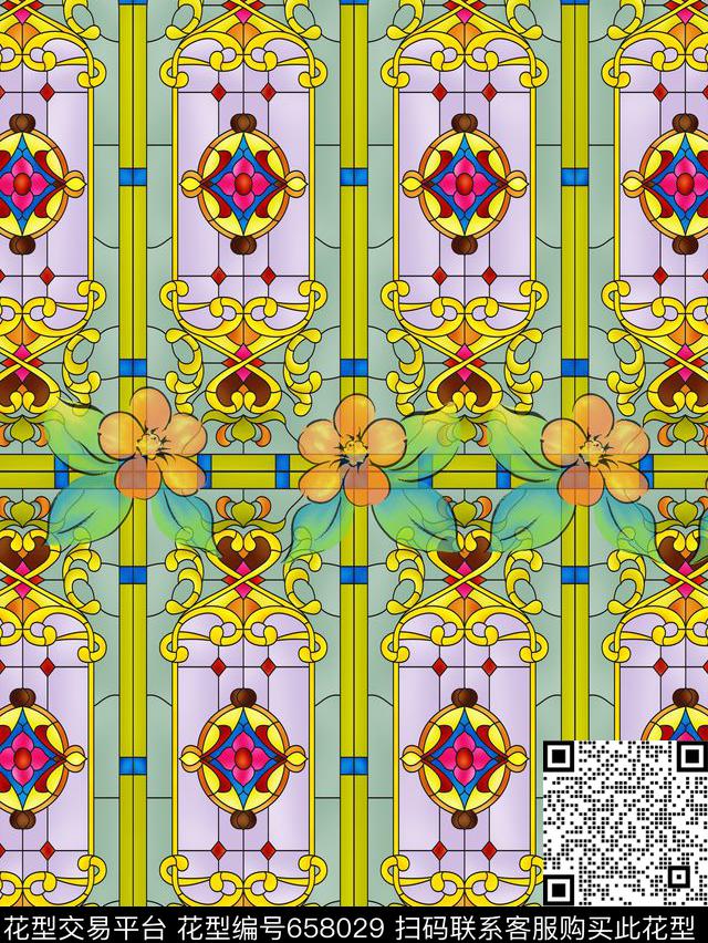 凡蒂尼教堂彩色玻璃手绘花朵数码印花华亿平台下载（图片编号: 658029） - 瓦栏（Walan）