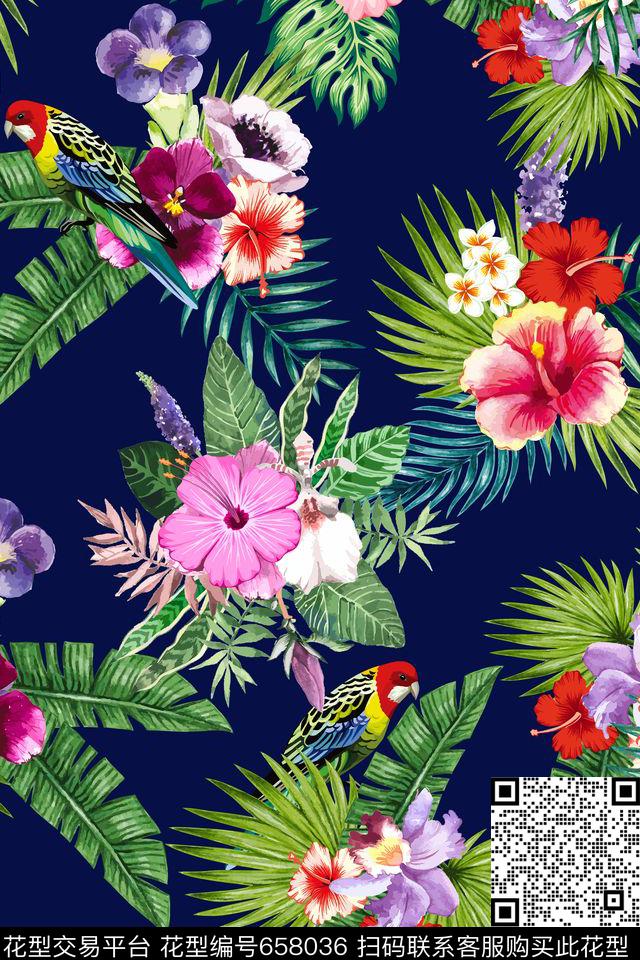 大花热带雨林热带植物花卉数码印花华亿平台下载（图片编号: 658036） - 瓦栏（Walan）