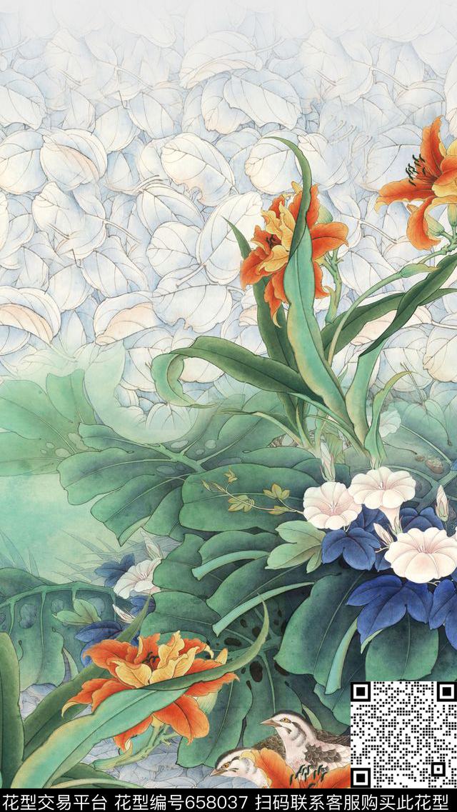 中国风定位花兰花花朵数码印花华亿平台下载（图片编号: 658037） - 瓦栏（Walan）