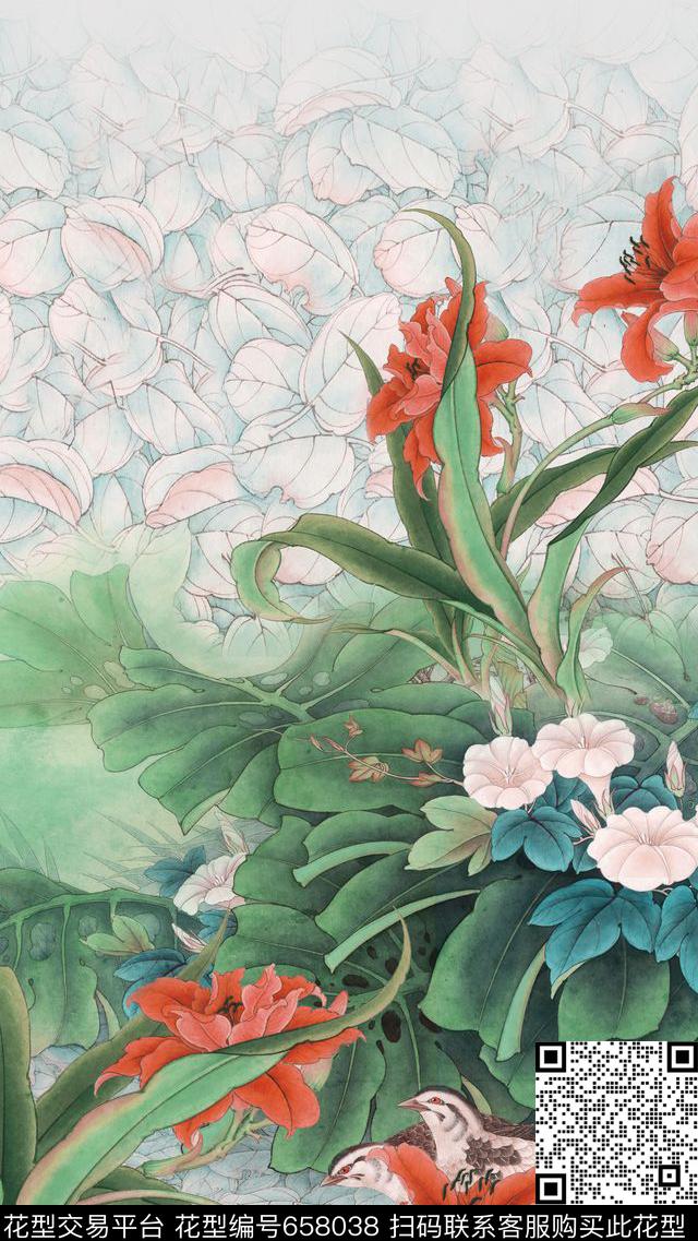 中国风定位花兰花花朵数码印花华亿平台下载（图片编号: 658038） - 瓦栏（Walan）