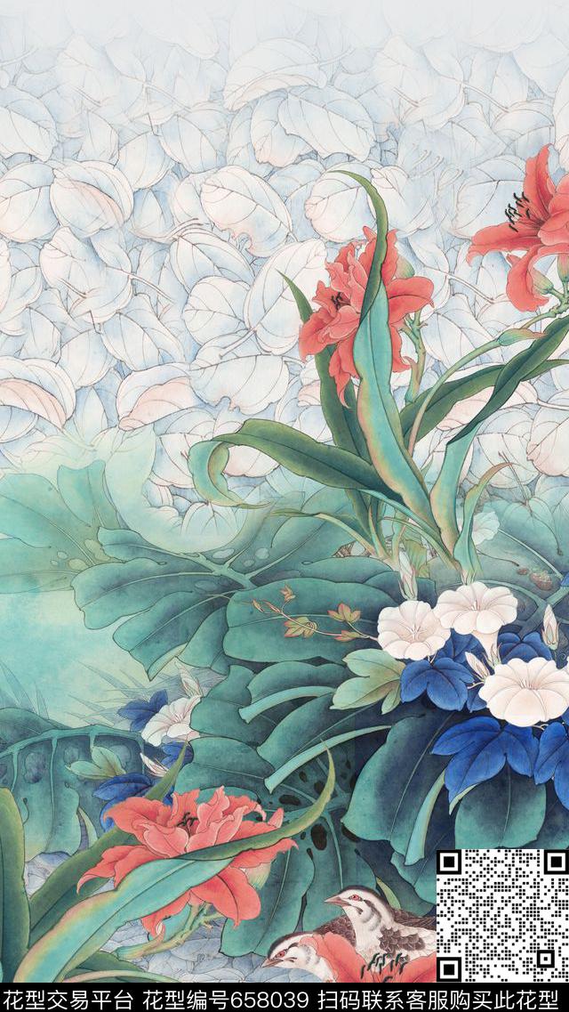 中国风定位花兰花花朵数码印花华亿平台下载（图片编号: 658039） - 瓦栏（Walan）
