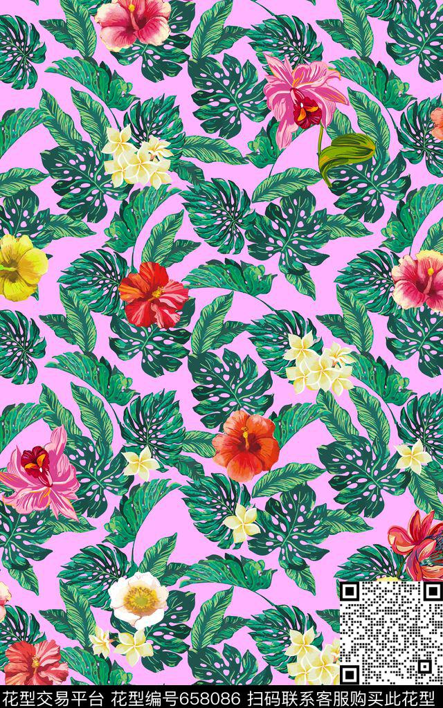 大花热带雨林热带植物花卉数码印花华亿平台下载（图片编号: 658086） - 瓦栏（Walan）