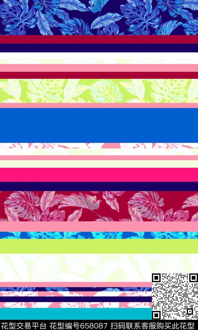 热带雨林棕榈叶横条传统印花华亿平台下载（图片编号: 658087） - 瓦栏（Walan）