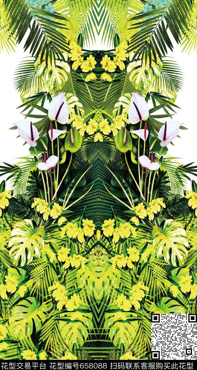 雨林密踪棕榈叶定位花热带雨林数码印花华亿平台下载（图片编号: 658088） - 瓦栏（Walan）