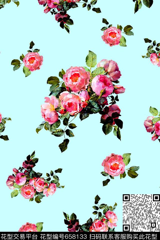 抽象手绘满版玫瑰花卉最新高清数码花卉复古花卉数码印花华亿平台下载（图片编号: 658133） - 瓦栏（Walan）