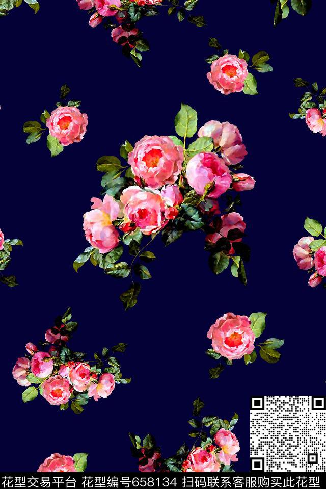 抽象手绘满版玫瑰花卉最新高清数码花卉复古花卉数码印花华亿平台下载（图片编号: 658134） - 瓦栏（Walan）