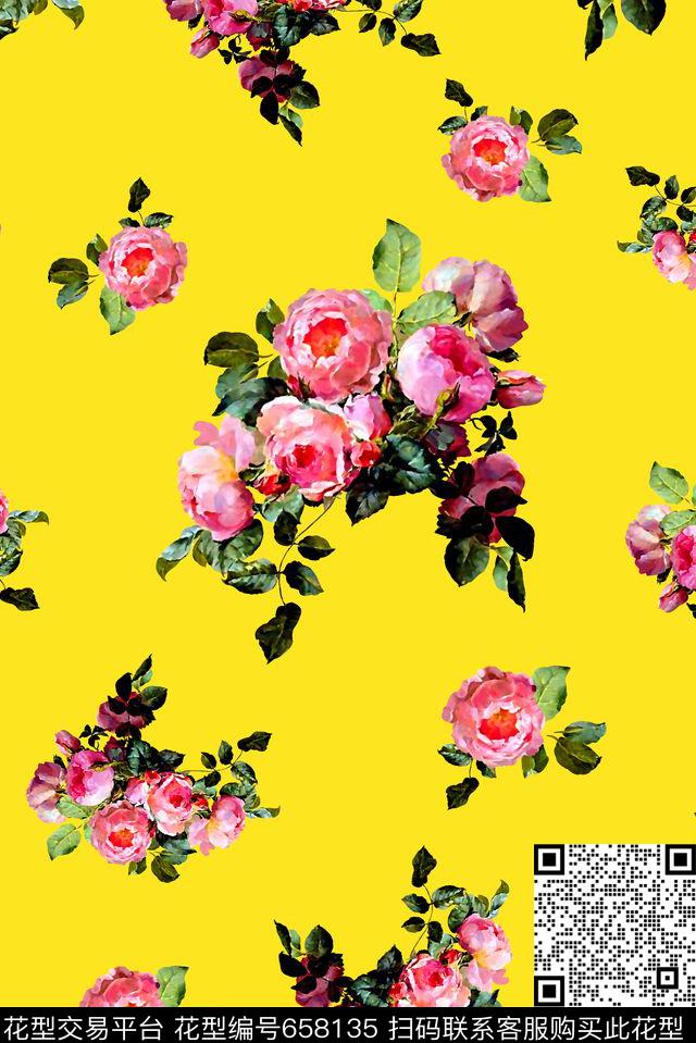 抽象手绘满版玫瑰花卉最新高清数码花卉复古花卉数码印花华亿平台下载（图片编号: 658135） - 瓦栏（Walan）