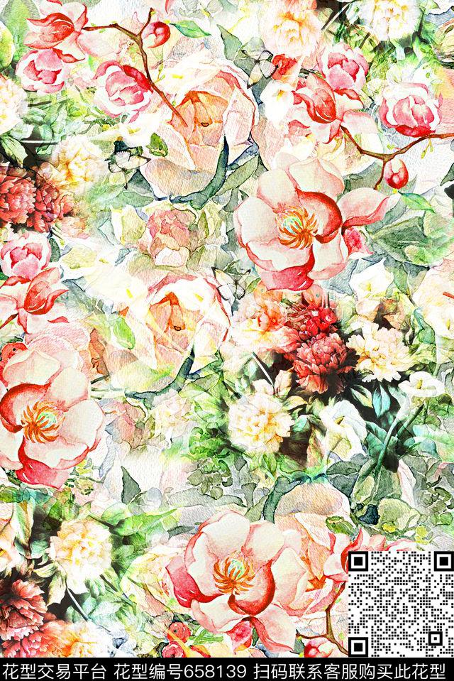 时尚抽象女装水彩画花卉数码印花春夏女装裙子雪纺真丝手绘花朵印花清爽柔和系列丝巾印花数码印花华亿平台下载（图片编号: 658139） - 瓦栏（Walan）