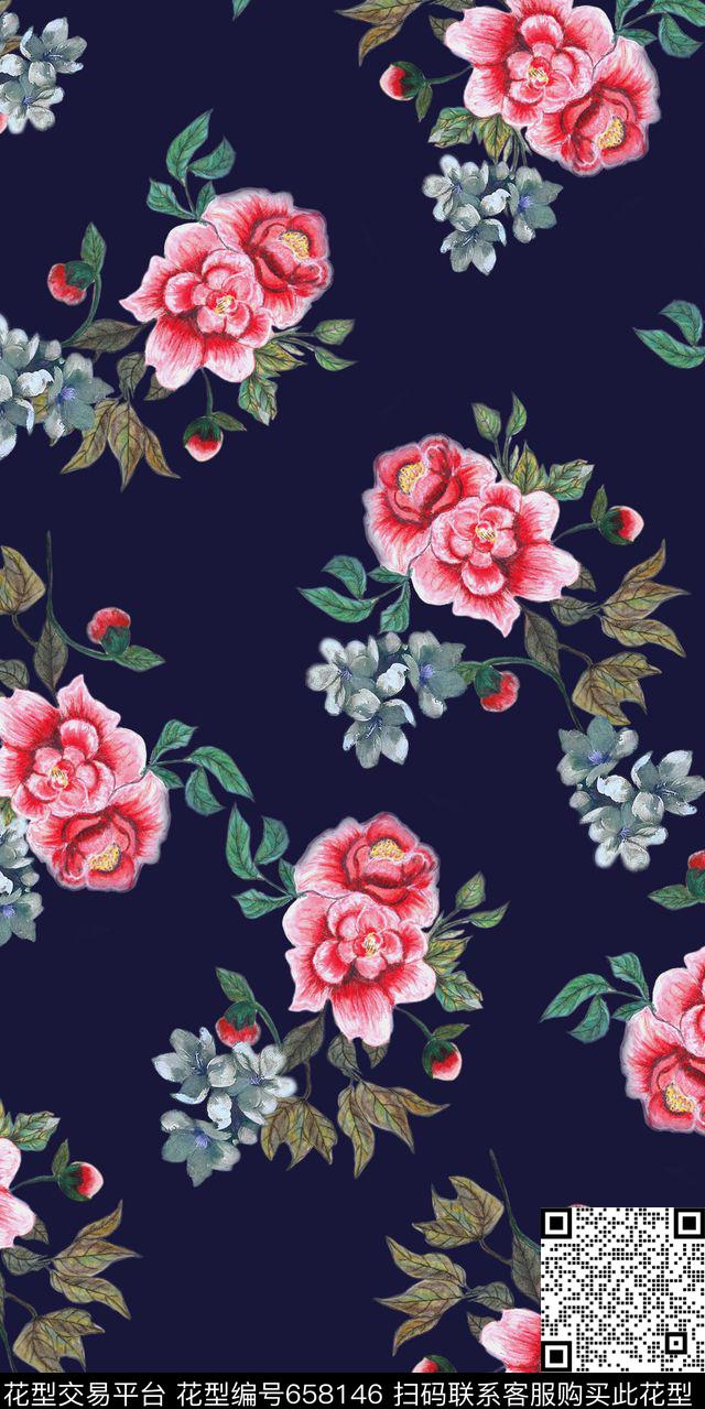 手绘花朵花卉数码印花华亿平台下载（图片编号: 658146） - 瓦栏（Walan）