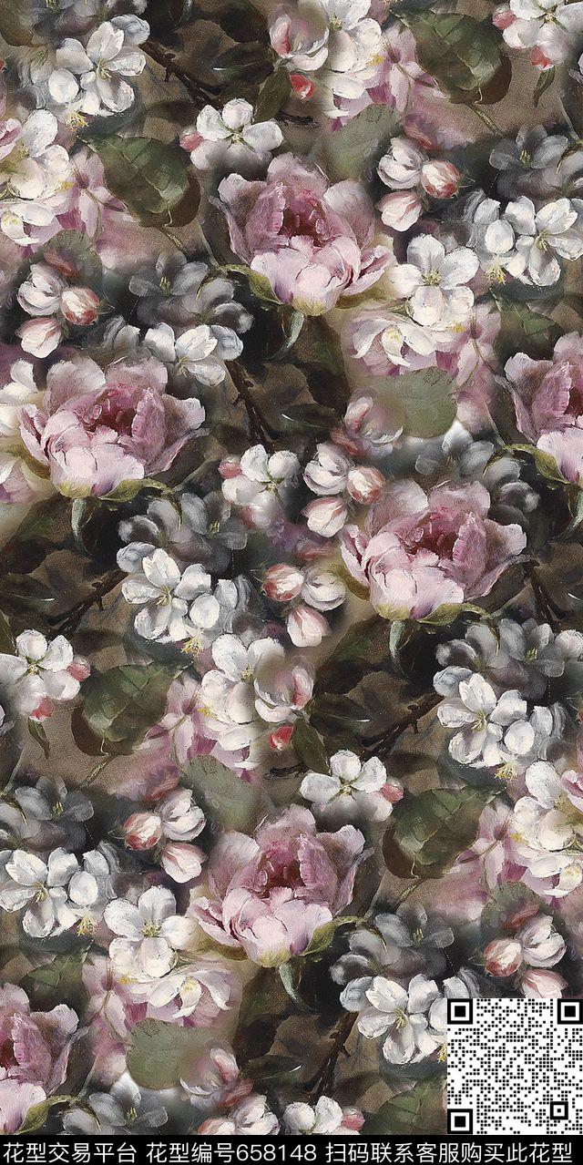 手绘花朵花卉数码印花华亿平台下载（图片编号: 658148） - 瓦栏（Walan）