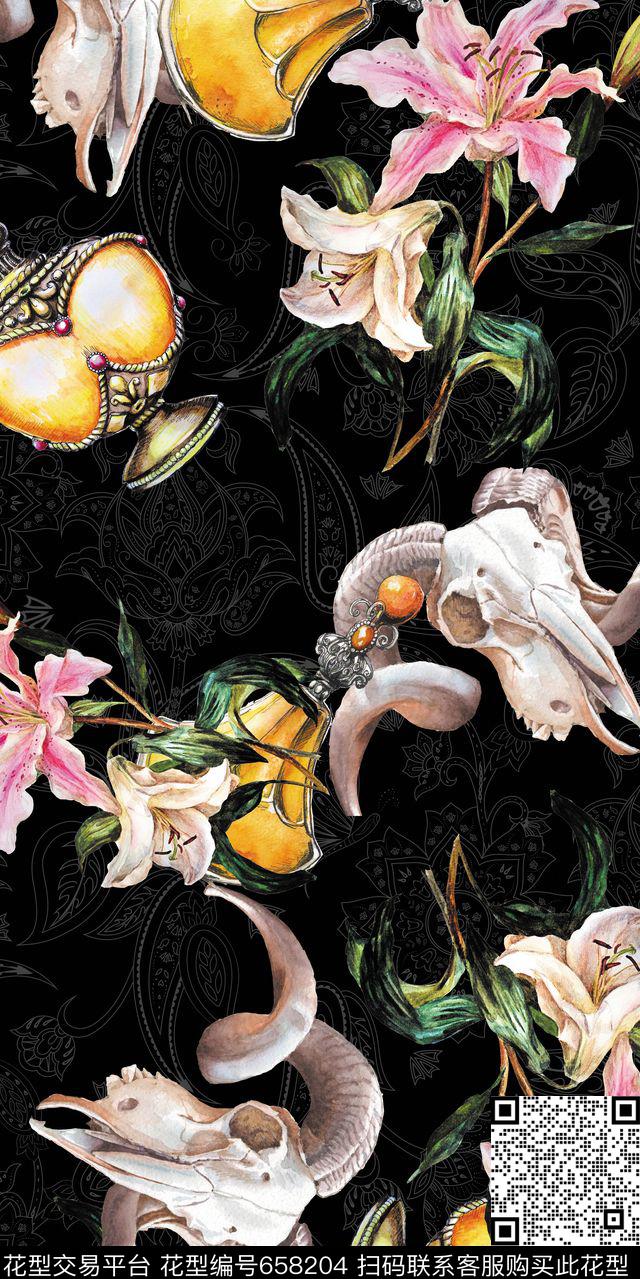 花卉水晶骷髅数码印花华亿平台下载（图片编号: 658204） - 瓦栏（Walan）