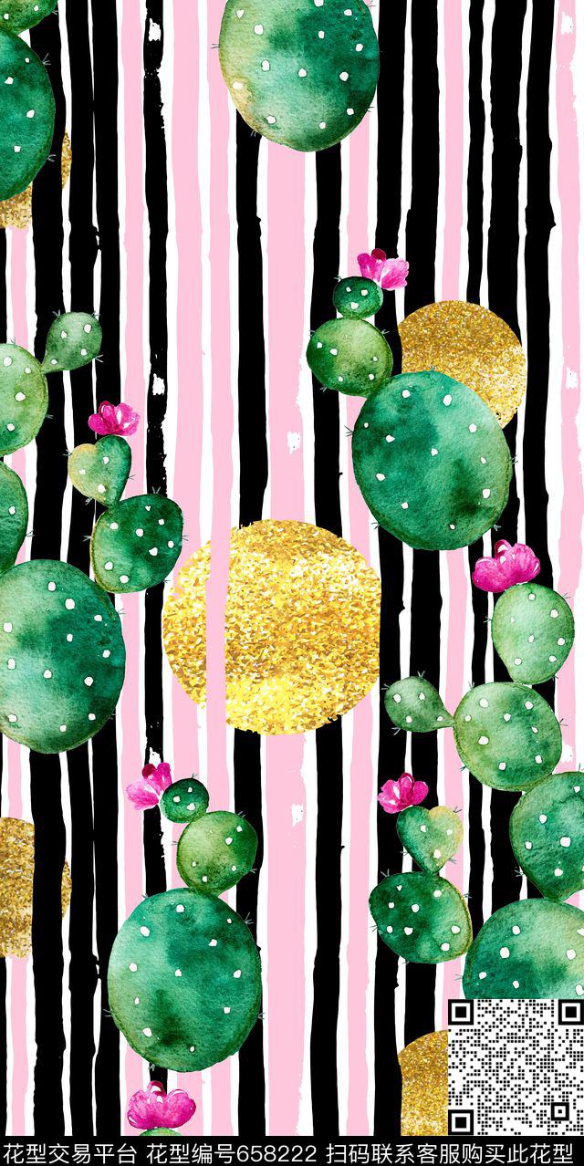 条纹手绘仙人掌数码印花华亿平台下载（图片编号: 658222） - 瓦栏（Walan）