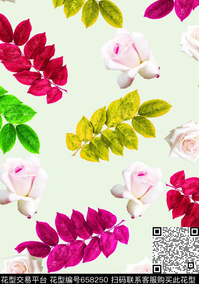 树叶玫瑰清新自然数码印花华亿平台下载（图片编号: 658250） - 瓦栏（Walan）