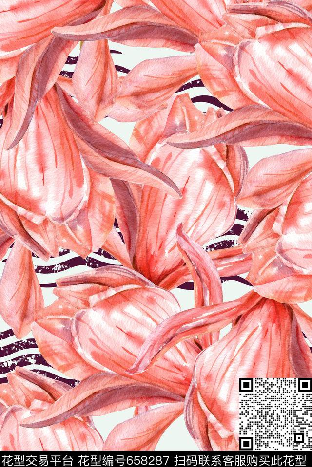 大朵手绘郁金香数码印花华亿平台下载（图片编号: 658287） - 瓦栏（Walan）