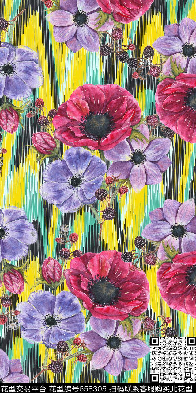 大朵花卉扎染数码印花华亿平台下载（图片编号: 658305） - 瓦栏（Walan）