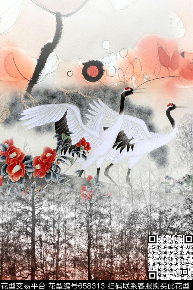 仙鹤森林渐变数码印花华亿平台下载（图片编号: 658313） - 瓦栏（Walan）