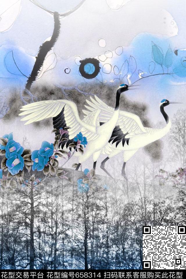 仙鹤森林渐变数码印花华亿平台下载（图片编号: 658314） - 瓦栏（Walan）