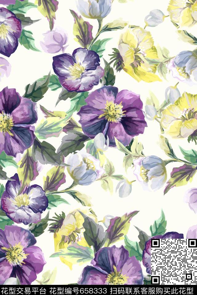 大朵手绘花卉数码印花华亿平台下载（图片编号: 658333） - 瓦栏（Walan）