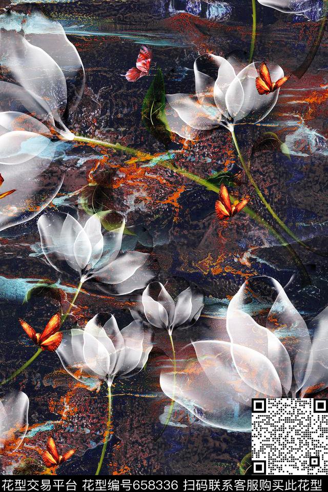透明花蝴蝶肌理数码印花华亿平台下载（图片编号: 658336） - 瓦栏（Walan）