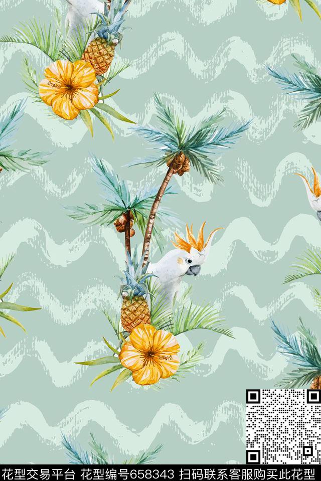 清新海洋椰树数码印花华亿平台下载（图片编号: 658343） - 瓦栏（Walan）