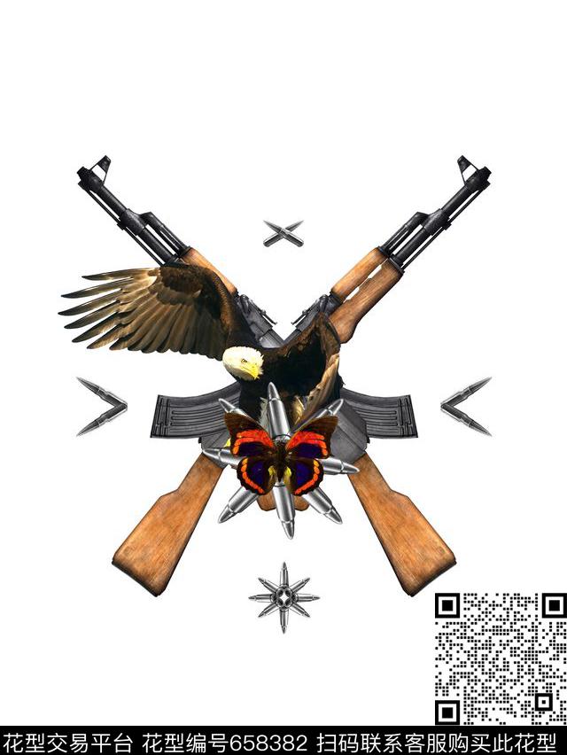 手枪子弹蝴蝶数码印花华亿平台下载（图片编号: 658382） - 瓦栏（Walan）