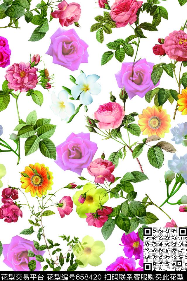 玫瑰花朵花卉数码印花华亿平台下载（图片编号: 658420） - 瓦栏（Walan）