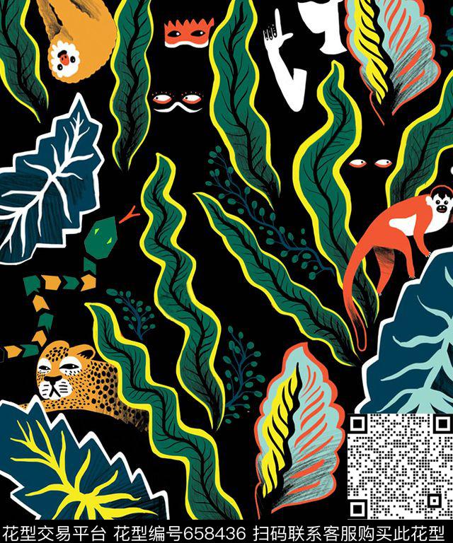 热带棕榈叶人像与花卉传统印花华亿平台下载（图片编号: 658436） - 瓦栏（Walan）