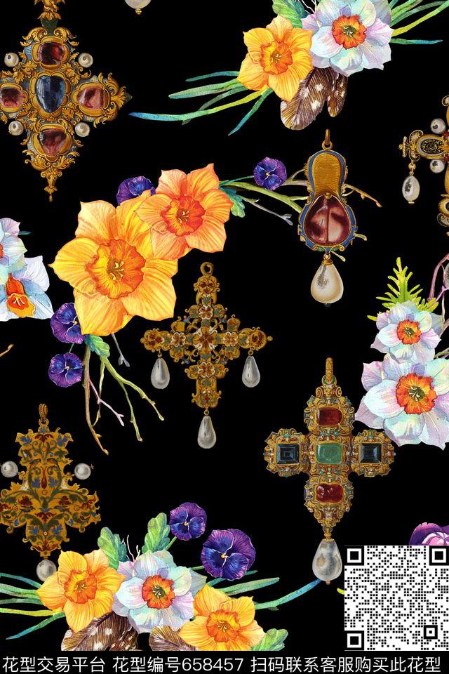 时尚复古花卉珠宝数码印花华亿平台下载（图片编号: 658457） - 瓦栏（Walan）