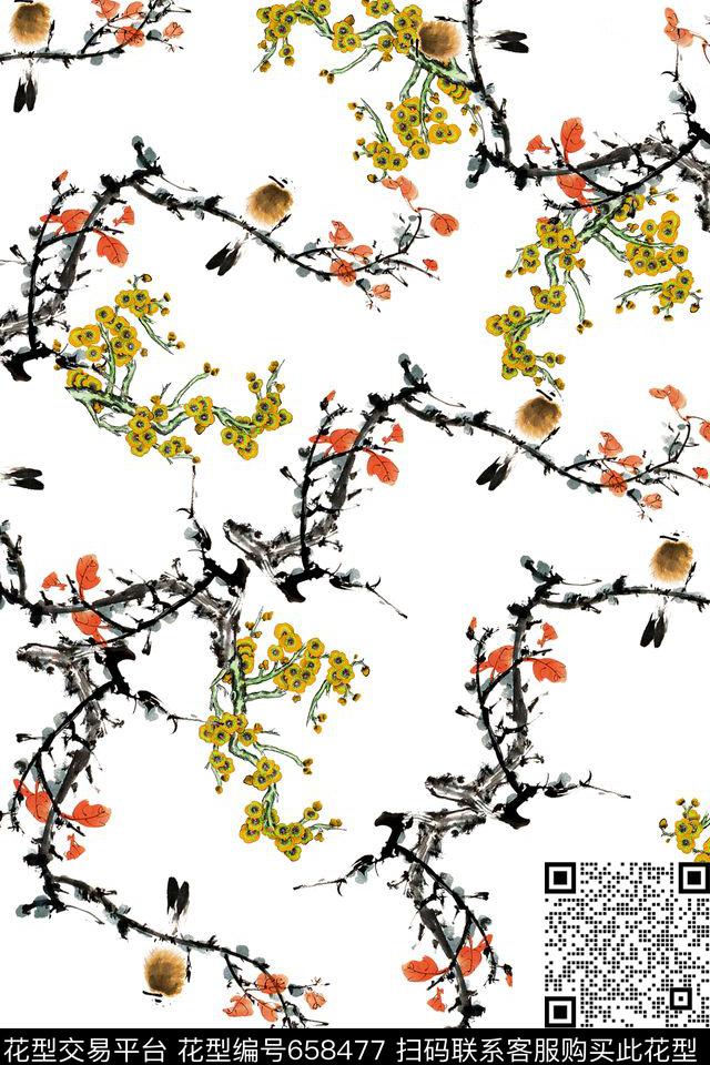 花卉水墨鸟数码印花华亿平台下载（图片编号: 658477） - 瓦栏（Walan）