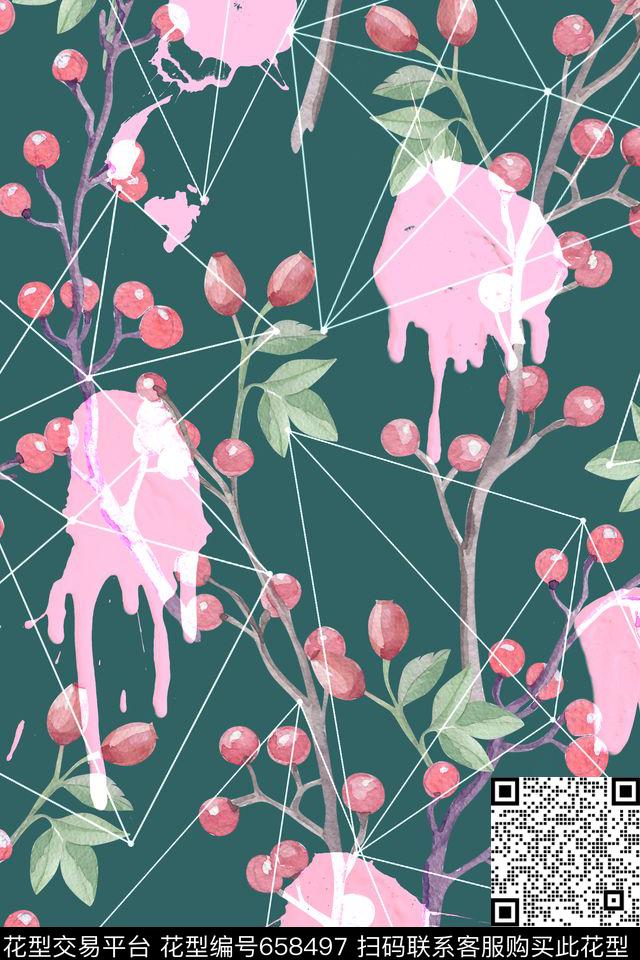 花卉水彩几何线条数码印花华亿平台下载（图片编号: 658497） - 瓦栏（Walan）