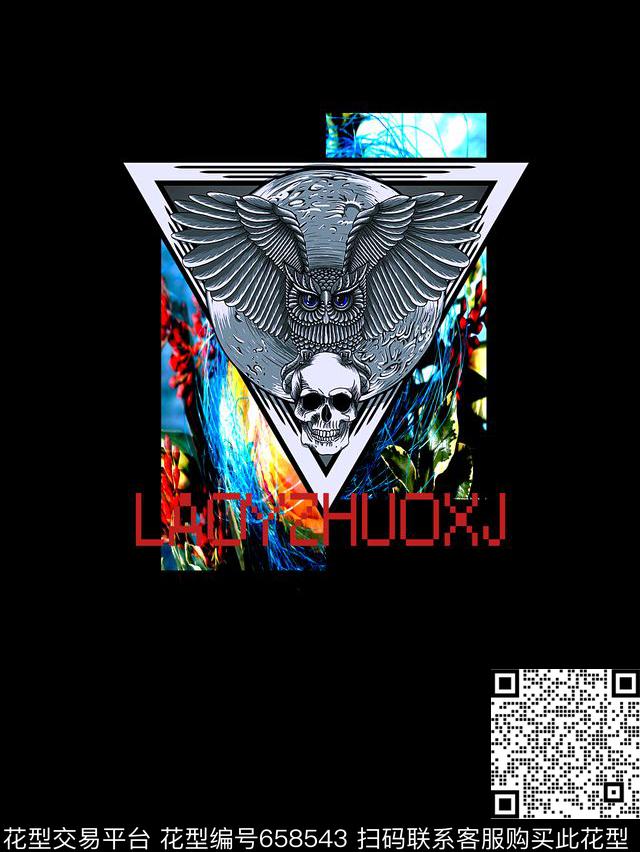 时尚潮流男装T恤定位印花抽象几何猫头鹰骷髅头彩绘抽象字母数码印花数码印花华亿平台下载（图片编号: 658543） - 瓦栏（Walan）
