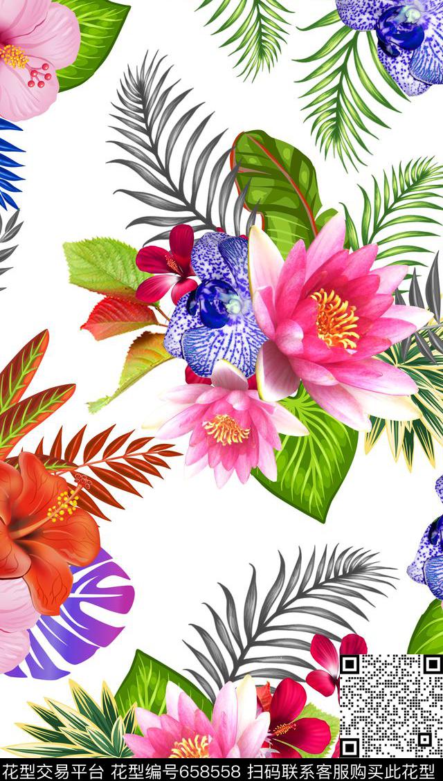 时尚花卉热带数码印花华亿平台下载（图片编号: 658558） - 瓦栏（Walan）