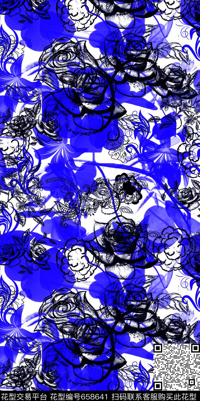 bluegraphicflowers数码印花华亿平台下载（图片编号: 658641） - 瓦栏（Walan）