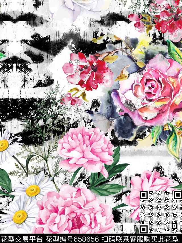 水墨手绘花卉数码印花华亿平台下载（图片编号: 658656） - 瓦栏（Walan）