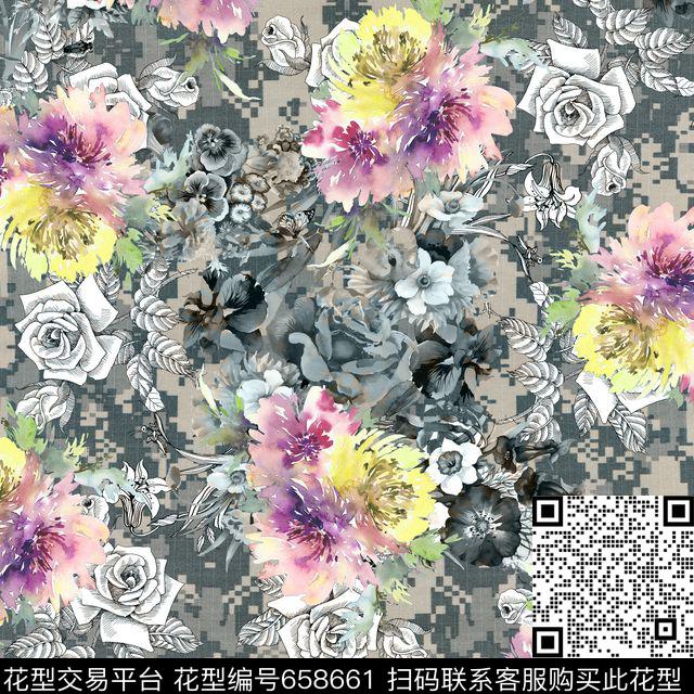 迷彩线描手绘数码印花华亿平台下载（图片编号: 658661） - 瓦栏（Walan）