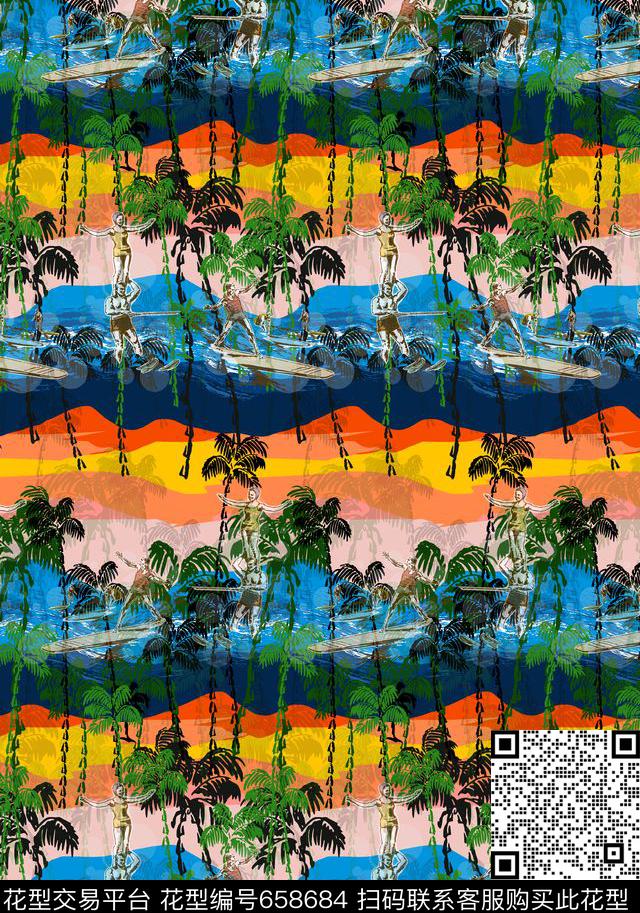 热带夏日风情冲浪人物传统印花华亿平台下载（图片编号: 658684） - 瓦栏（Walan）