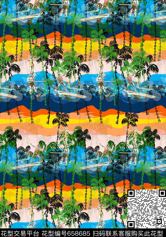 热带夏日风情冲浪人物传统印花华亿平台下载（图片编号: 658685） - 瓦栏（Walan）