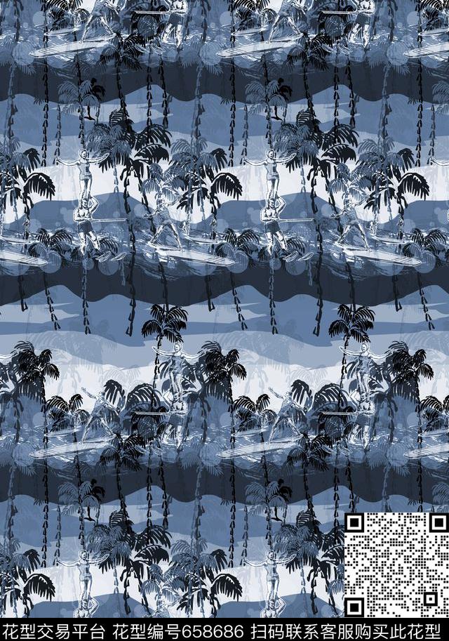 热带夏日风情冲浪人物传统印花华亿平台下载（图片编号: 658686） - 瓦栏（Walan）