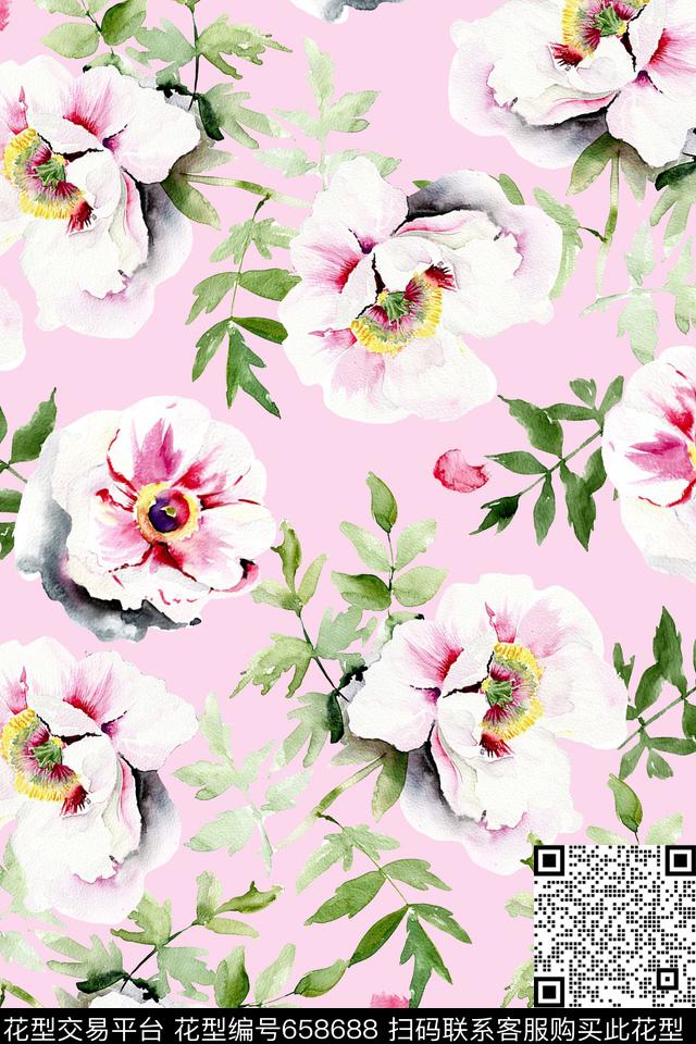 水彩花卉清新春夏数码印花华亿平台下载（图片编号: 658688） - 瓦栏（Walan）