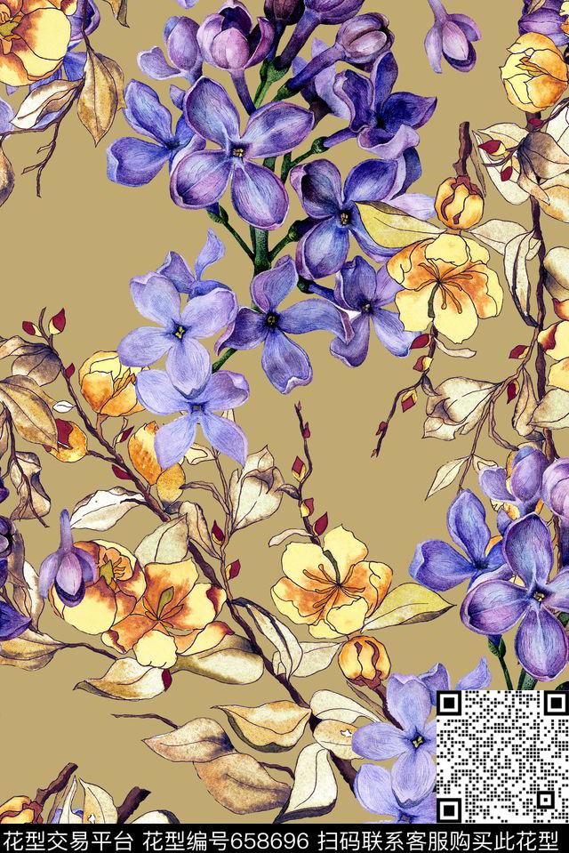 手绘水彩花卉数码印花华亿平台下载（图片编号: 658696） - 瓦栏（Walan）