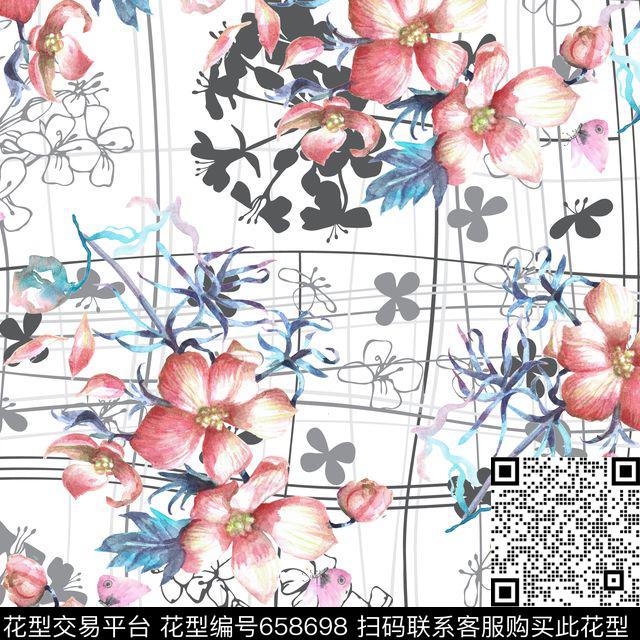 线条格子花卉数码印花华亿平台下载（图片编号: 658698） - 瓦栏（Walan）
