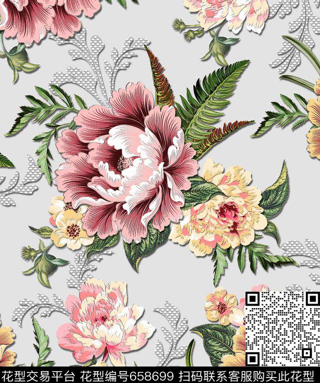 大花花朵牡丹数码印花华亿平台下载（图片编号: 658699） - 瓦栏（Walan）