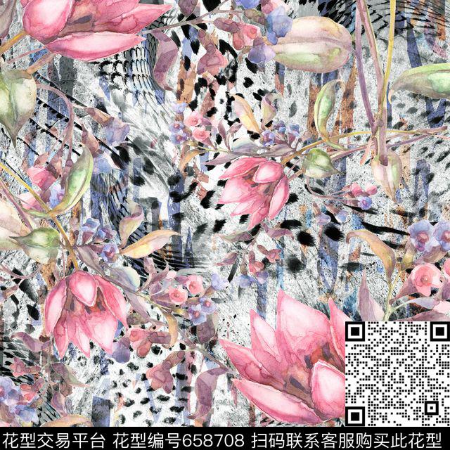豹纹手绘花卉数码印花华亿平台下载（图片编号: 658708） - 瓦栏（Walan）
