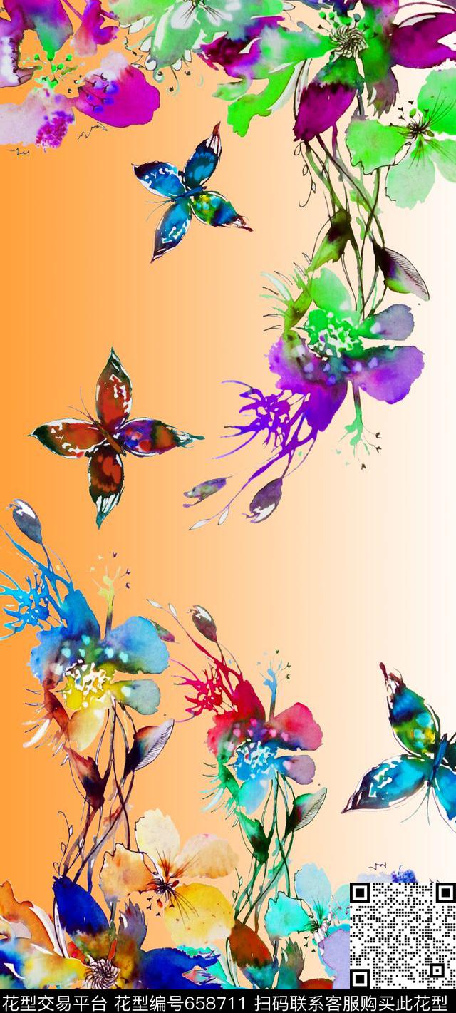 水彩花卉丝巾数码印花华亿平台下载（图片编号: 658711） - 瓦栏（Walan）