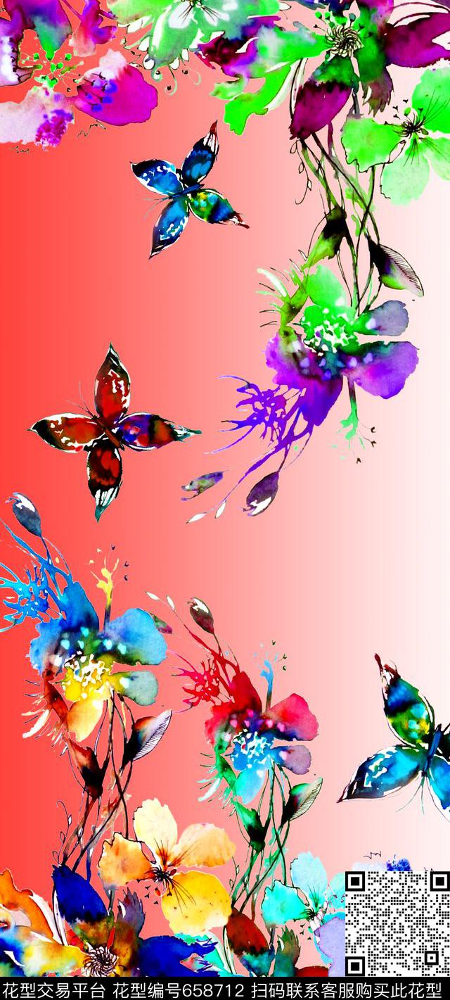 水彩花卉丝巾数码印花华亿平台下载（图片编号: 658712） - 瓦栏（Walan）