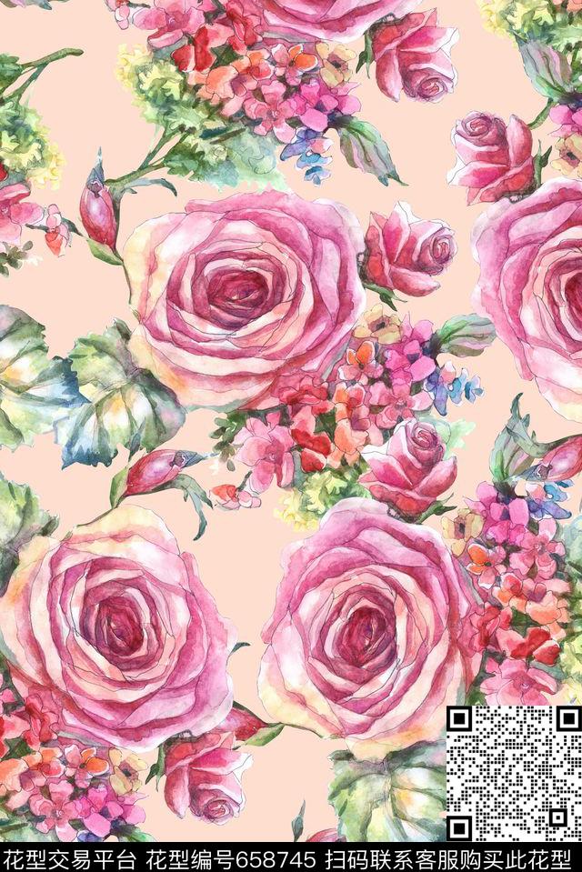 大朵满版手绘数码印花华亿平台下载（图片编号: 658745） - 瓦栏（Walan）