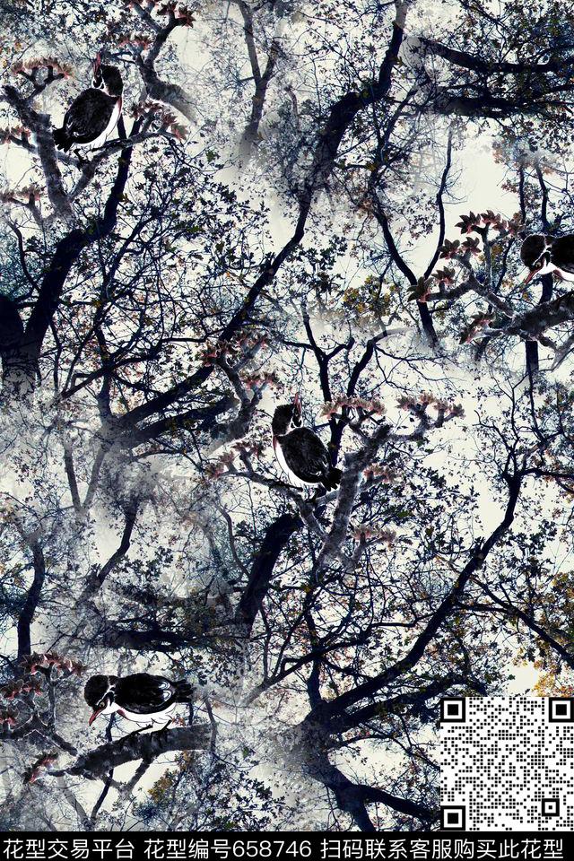鸟树叶子数码印花华亿平台下载（图片编号: 658746） - 瓦栏（Walan）
